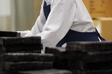 在烘烤紫菜生産線上分揀紫菜